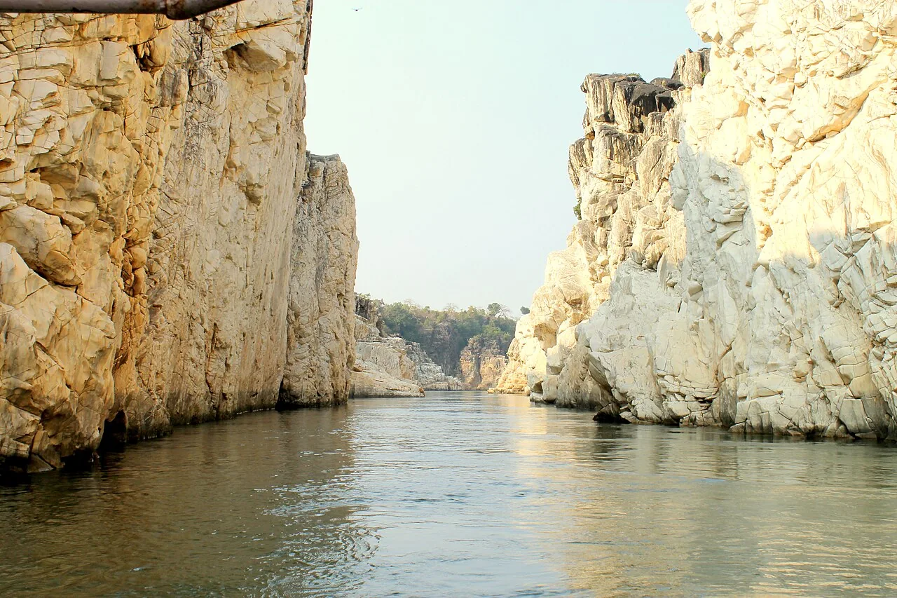 The Marble Rocks and Narmada River at Bhedaghat near Jabalpur, a Madhya Pradesh tourism destination.
