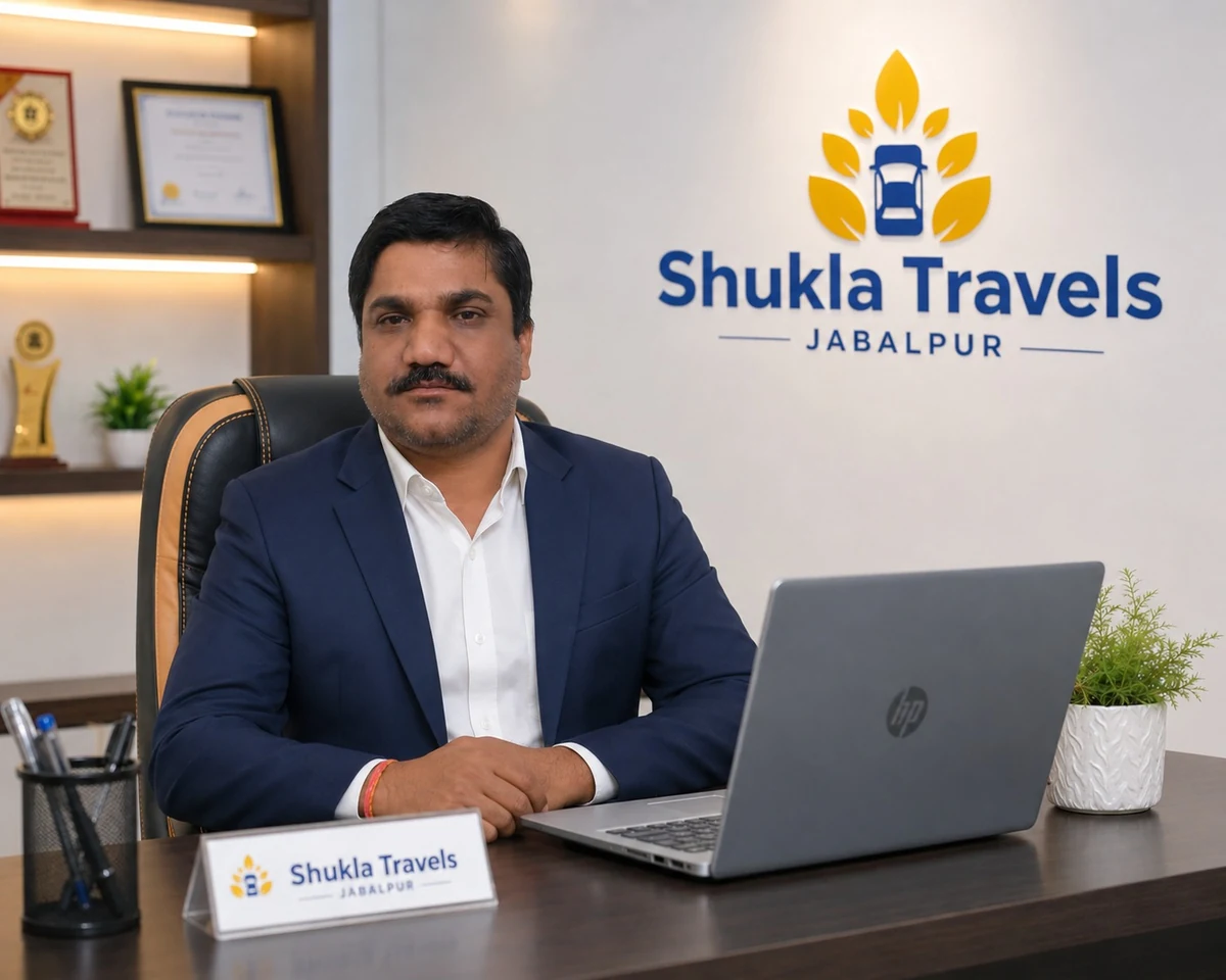 Vinay Shukla, proprietor of Shukla Travels Jabalpur, seated at his office desk.